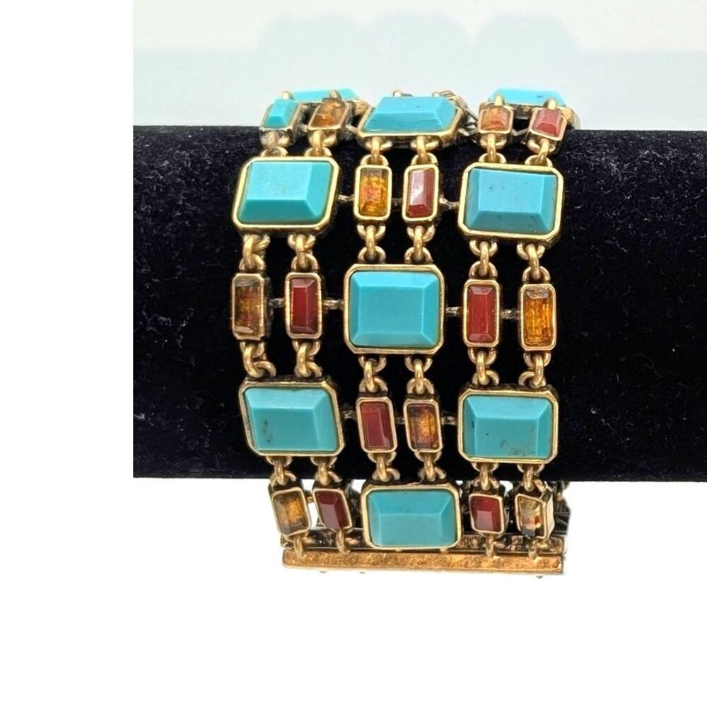 Lucky Brand Wide Magnetic Gold Tone Faux Turquoise Stone Multi-Strand Bracelet